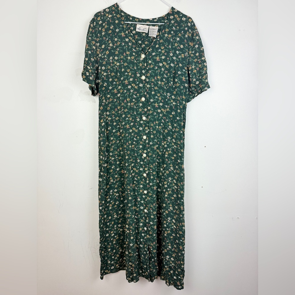 Vintage Kathie Lee Green Floral Button Front Dress Cottagecore Whimsical Boho